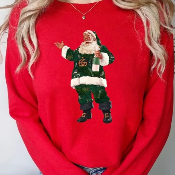 CHAMPAGNE 🍾 🥂 SANTA 🎅🏻 Christmas HOLIDAY Red Sweatshirt Large 12-14 NWT